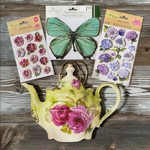 🌷Vintage🌷Floral Stickers, 2 Butterfly Die Cuts & Floral Teapot Gift Bag